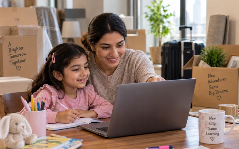 A girl attending her online class at home while the family packs to relocate