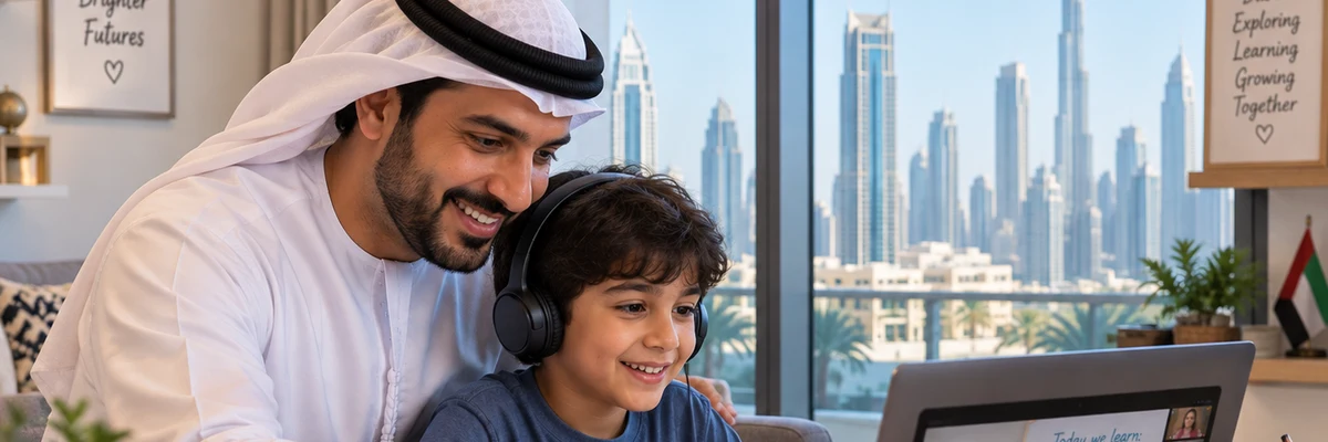 A father and son joining a live online class together from their apartment in the UAE